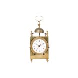 AN EARLY 19TH CENTURY FRENCH BRASS STRIKING TRAVELLING OR CAPUCINE CLOCK WITH ALARM SIGNED 'LEROY A