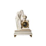 A LARGE EARLY 19TH CENTURY FRENCH CARRARA MARBLE FIGURAL MANTEL CLOCK