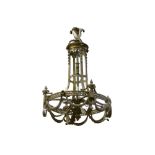 A LARGE LATE 19TH CENTURY FRENCH BRONZE AND CHAMPLEVE ENAMEL EIGHT LIGHT CHANDELIER