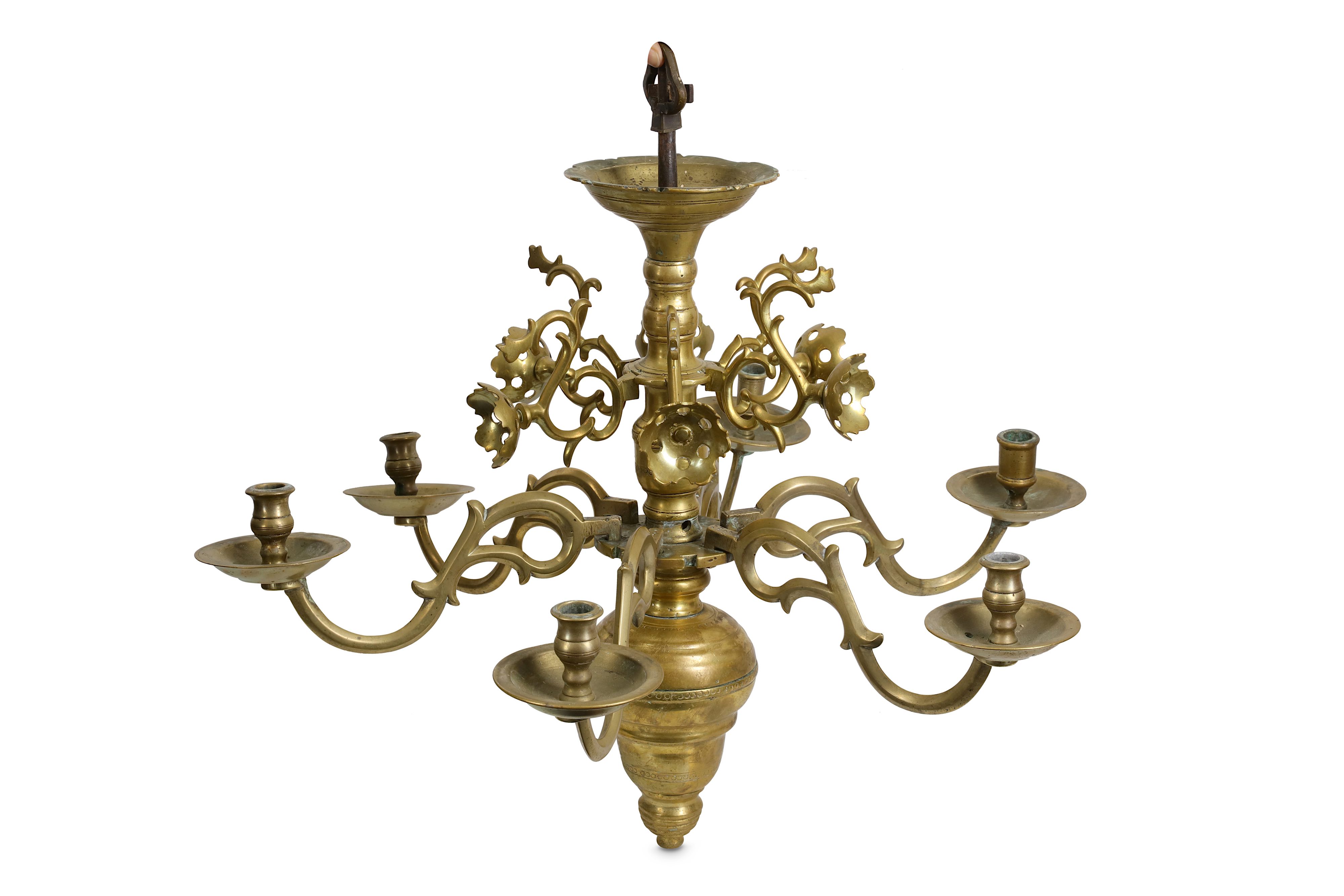 A 17TH CENTURY FLEMISH (FLANDERS) BRASS SIX LIGHT CHANDELIER