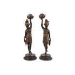 A PAIR OF LATE 19TH CENTURY COLD PAINTED SPELTER VENETIAN BLACKAMOOR CANDLESTICKS