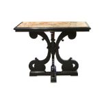 A 17TH CENTURY WALNUT TABLE WITH MARBLE TOP AND LATER EBONISED DECORATION