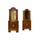 A PAIR OF EARLY 19TH CENTURY DUTCH MAHOGANY AND MARQUETRY INLAID CORNER CABINETS