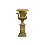 A LATE 19TH CENTURY ITALIAN CARVED ALABASTER URN ON STAND