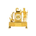 A FINE EARLY 19TH CENTURY FRENCH EMPIRE PERIOD GILT BRONZE MANTEL CLOCK DEPICTING DIANA THE HUNTRESS