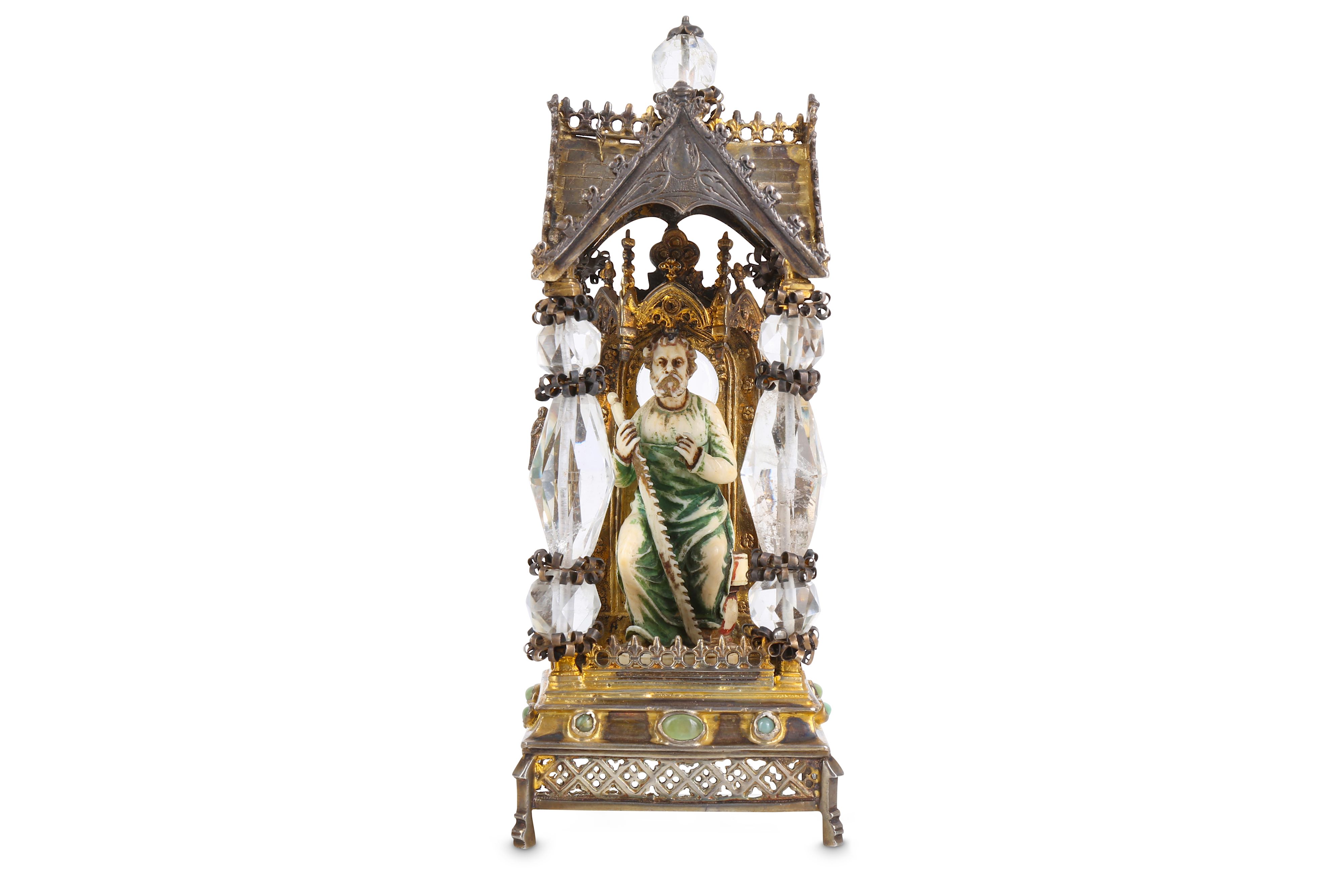 A 19TH CENTURY SILVER GILT, ROCK CRYSTAL AND IVORY RELIQUARY OF SAINT SIMON THE ZEALOT