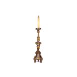 AN 18TH CENTURY ITALIAN GILTWOOD AND GESSO CANDELABRA ADAPTED AS A LAMP BASE