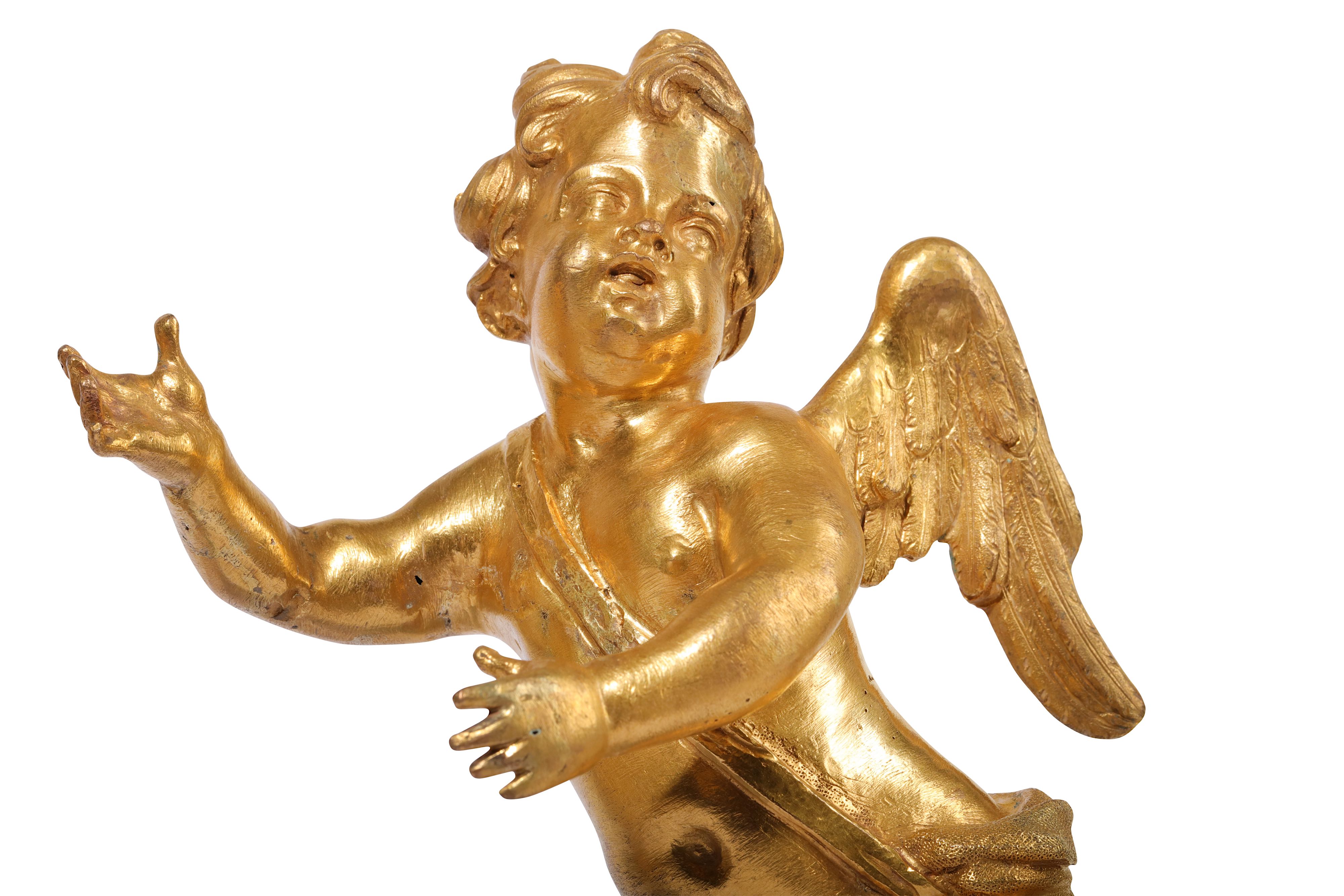 A PAIR OF SECOND HALF 17TH CENTURY ITALIAN (ROME) GILT BRONZE WINGED CHERUBS IN FLIGHT - Image 4 of 9