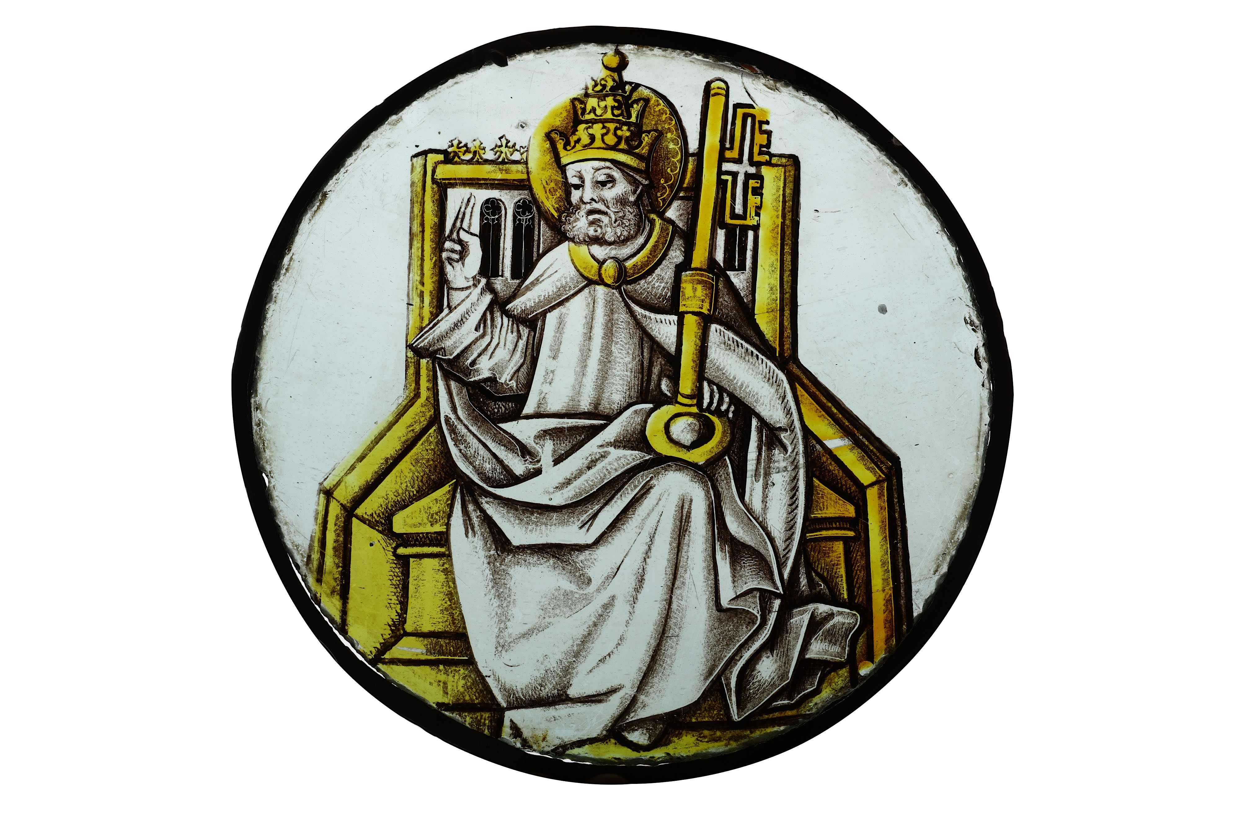 A RARE 15TH CENTURY STAINED GLASS PANEL DEPICTING SAINT PETER