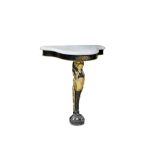 A 19TH CENTURY ITALIAN EBONISED AND PAINTED GESSO CONSOLE TABLE WITH MARBLE TOP