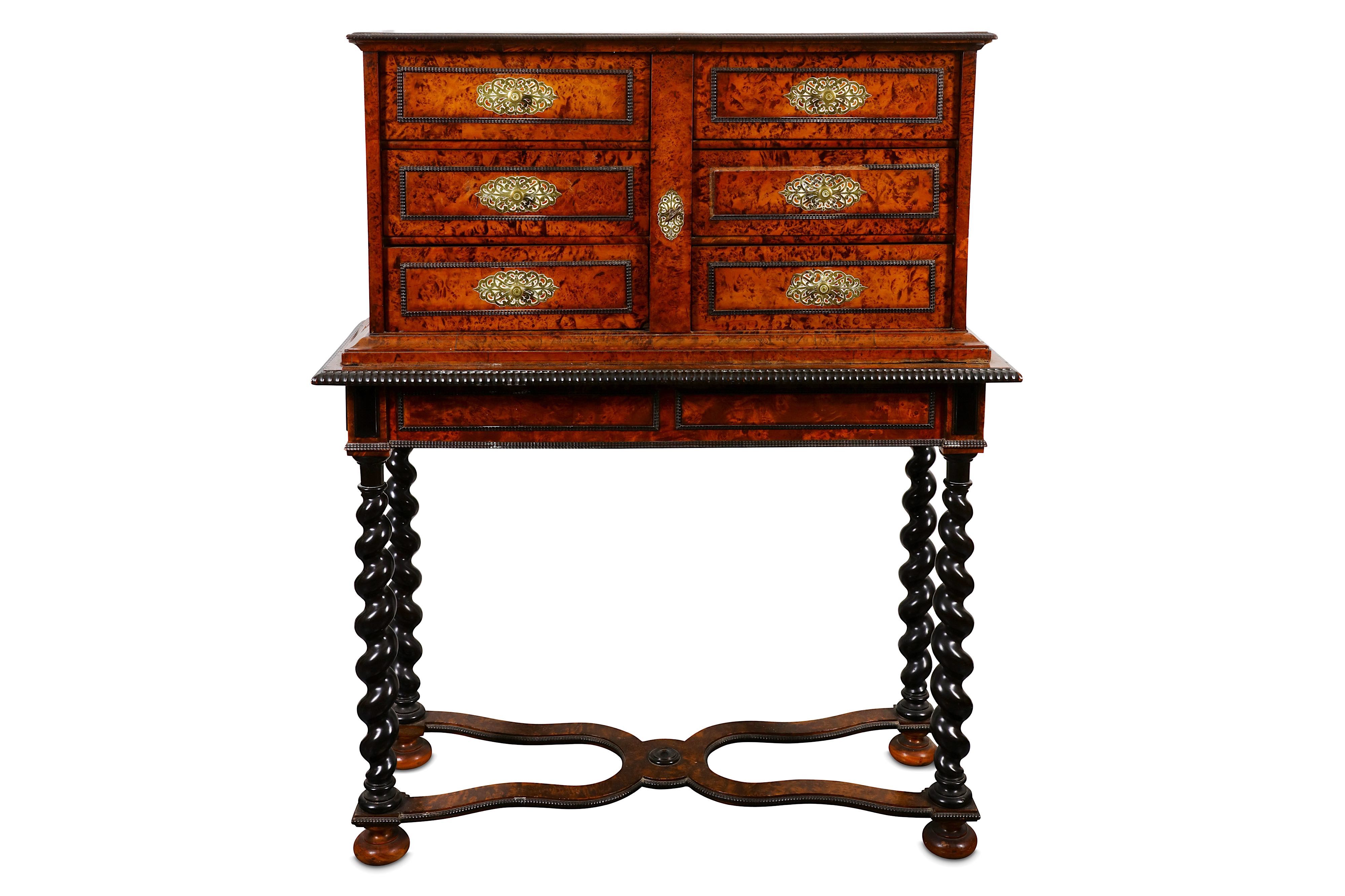 AN 18TH CENTURY DUTCH AMBOYNA AND EBONISED CABINET ON LATER STAND