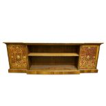 A LATE 19TH CENTURY FRENCH WALNUT, CUT BRASS AND MARBLE TOPPED LOW BOOKCASE / CABINET