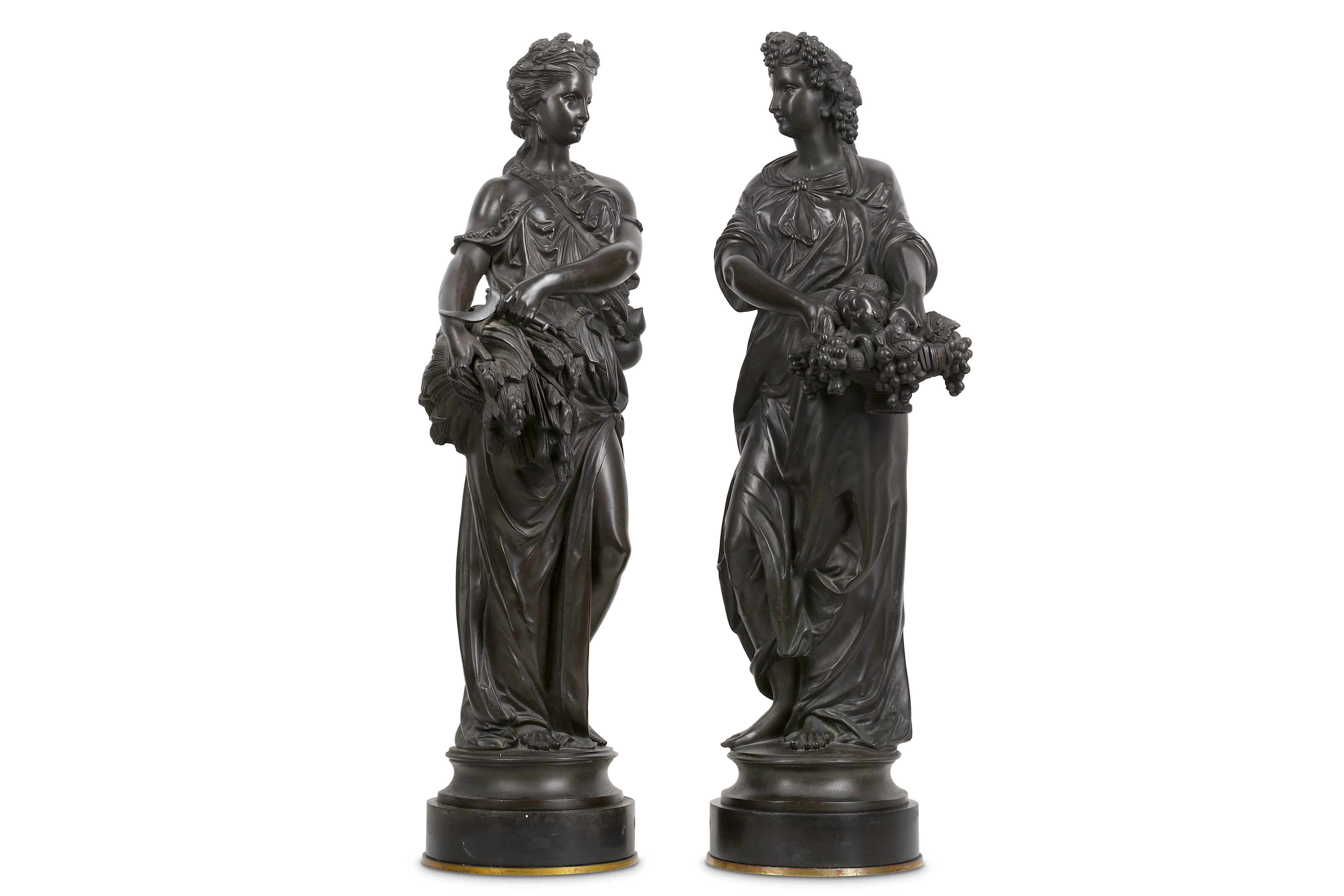 PAUL DUBOIS (FRENCH, 1829-1905): A PAIR OF BRONZE FIGURES OF MAIDENS