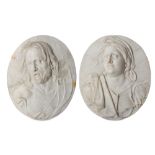 A PAIR OF ITALIAN 18TH CENTURY MARBLE RELIEFS DEPICTING CHRIST AND THE MOURNING VIRGIN IN THE MANNER