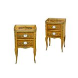 A PAIR OF LATE 19TH CENTURY FRENCH KINGWOOD, MAHOGANY AND MARQUETRY AND GILT BRONZE AND PORCELAIN MO