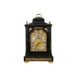 A LATE 19TH CENTURY ENGLISH EBONISED AND GILT BRASS MOUNTED QUARTER CHIMING MUSICAL BRACKET CLOCK