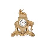 A LATE 19TH / 20TH CENTURY LOUIS XVI STYLE GILT BRONZE CLOCK MODELLED WITH AN ELEPHANT