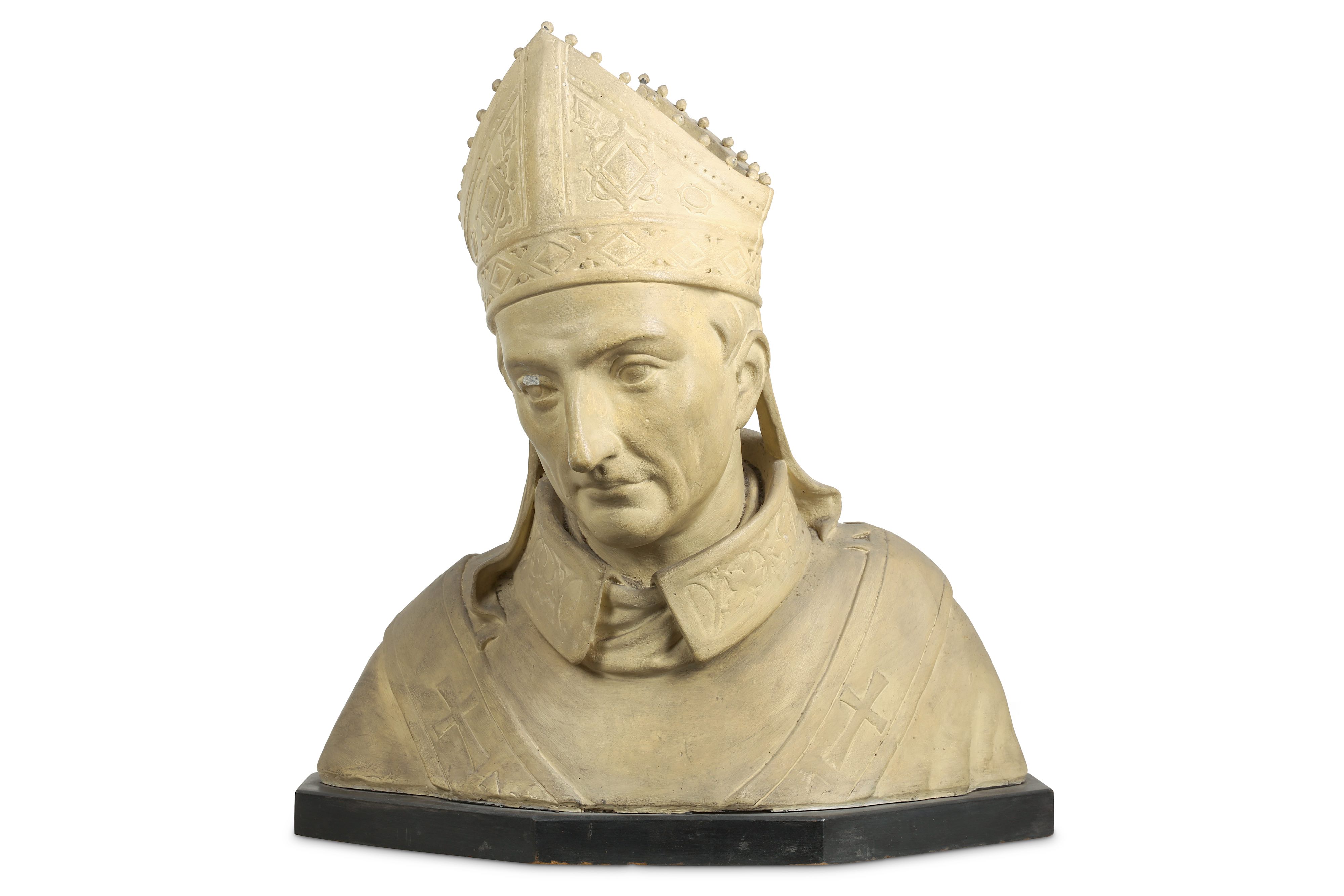 A LATE 19TH CENTURY PAINTED PLASTER BUST OF A BISHOP