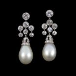 A pair of natural saltwater pearl and diamond ear pendants,