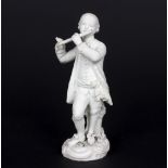 A Derby biscuit figure, circa 1780, of a youth playing a flute, on a round scroll base, incised no.