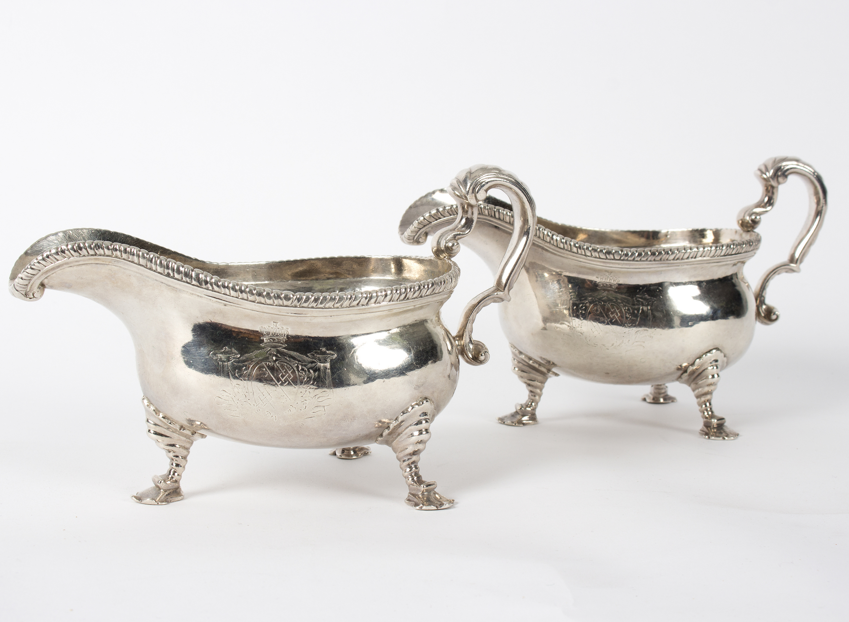 A pair of George II silver sauce boats, maker's mark rubbed, London 1754, each with gadrooned rim, - Image 4 of 10