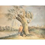 Early 19th Century English School/Fisherman Leaning Against a Tree/with house beyond/watercolour,