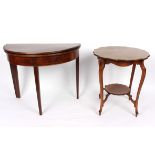 A George III mahogany half-round tea table with fold over top on square tapering legs 92cm wide,