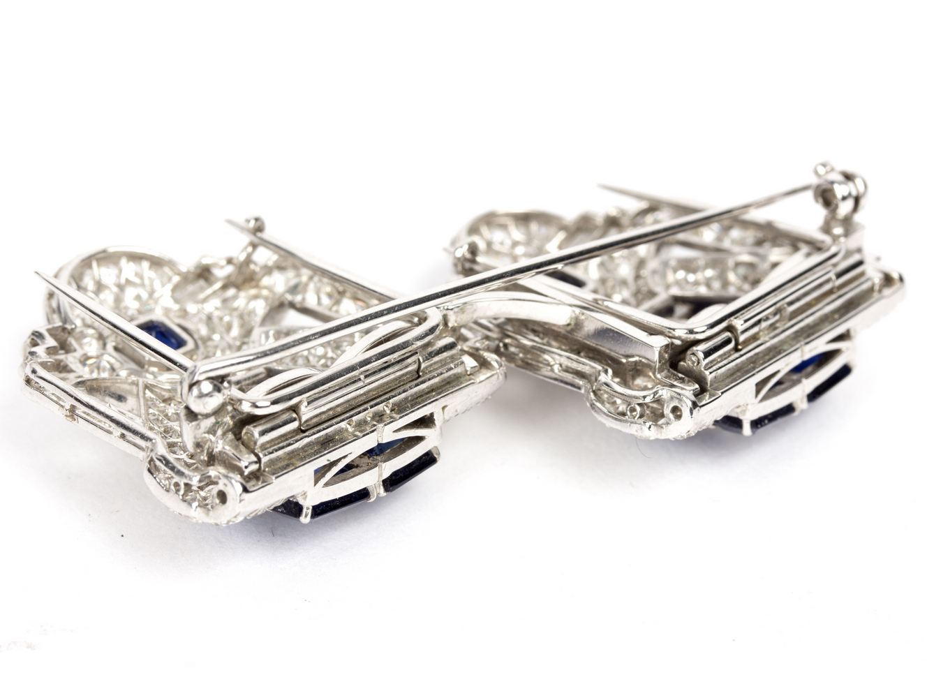 An Art Deco sapphire and diamond double clip brooch and matching cluster ear studs by The - Image 4 of 5