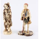 Two Meiji period carved ivory figures, one of a native with monkey, the other of a fisherman,