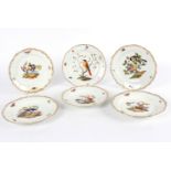 Six Meissen (outside-decorated) plates, 19th Century, each painted with birds,