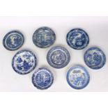 Eight blue and white plates by Spode and other makers,