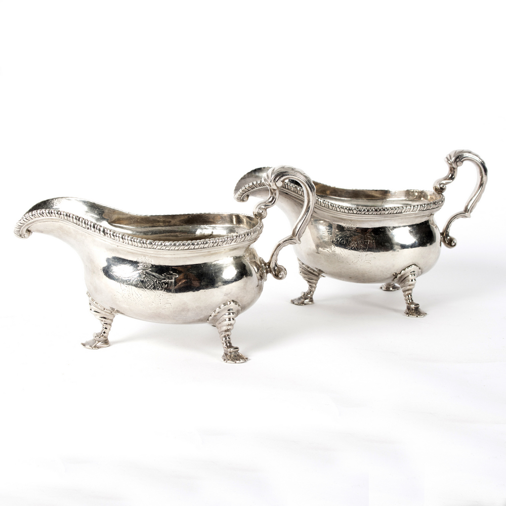 A pair of George II silver sauce boats, maker's mark rubbed, London 1754, each with gadrooned rim, - Image 5 of 10