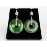 A pair of jadeite and diamond ear pendants,