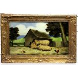 A naive reverse glass painting/Sheep in a Farmyard/39cm x 60cm