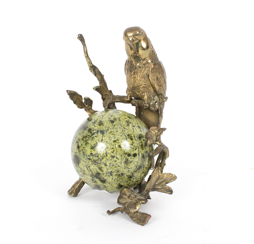 A desk ornament modelled as a parrot on a naturalistic branch above a veined hardstone sphere, 14. - Image 2 of 2