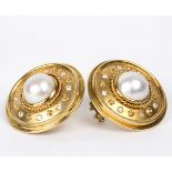 A pair of diamond and mabe pearl ear clips, maker CPJ, circa 1990,