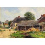 James Aumonier (1832-1911)/Farmyard Scene/figures and chickens by a haybarn/signed lower left J