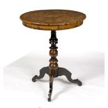 A 19th Century walnut and parquetry table with sunburst top on a turned column and tripod support,