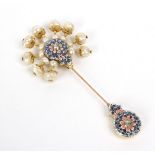 A French diamond, baroque pearl and enamel jabot pin,