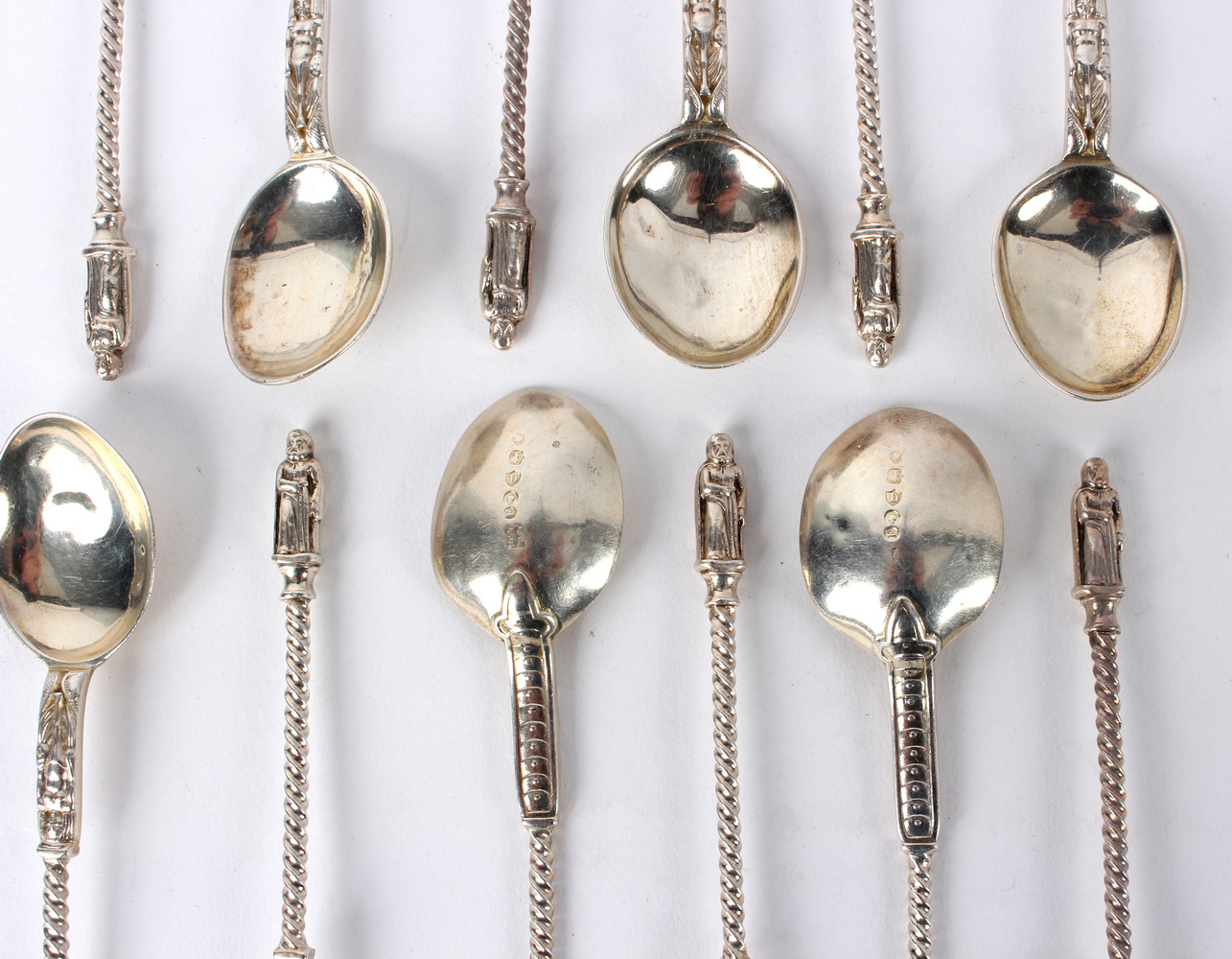 Twelve silver apostle top teaspoons, John & Frank Pairpoint, import marks for London 1879, - Image 3 of 3