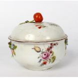 A Chelsea (red anchor) ecuelle and cover, circa 1758, painted with scattered bouquets,