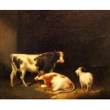 19th Century School/Cattle and Goat in a Barn/oil on canvas,