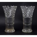 A large pair of cut glass vases, 20th Century, of flared form with fan and diamond cutting,
