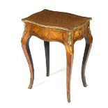 A kingwood and parquetry gilt mounted table with cubed top fitted a drawer on shaped square section