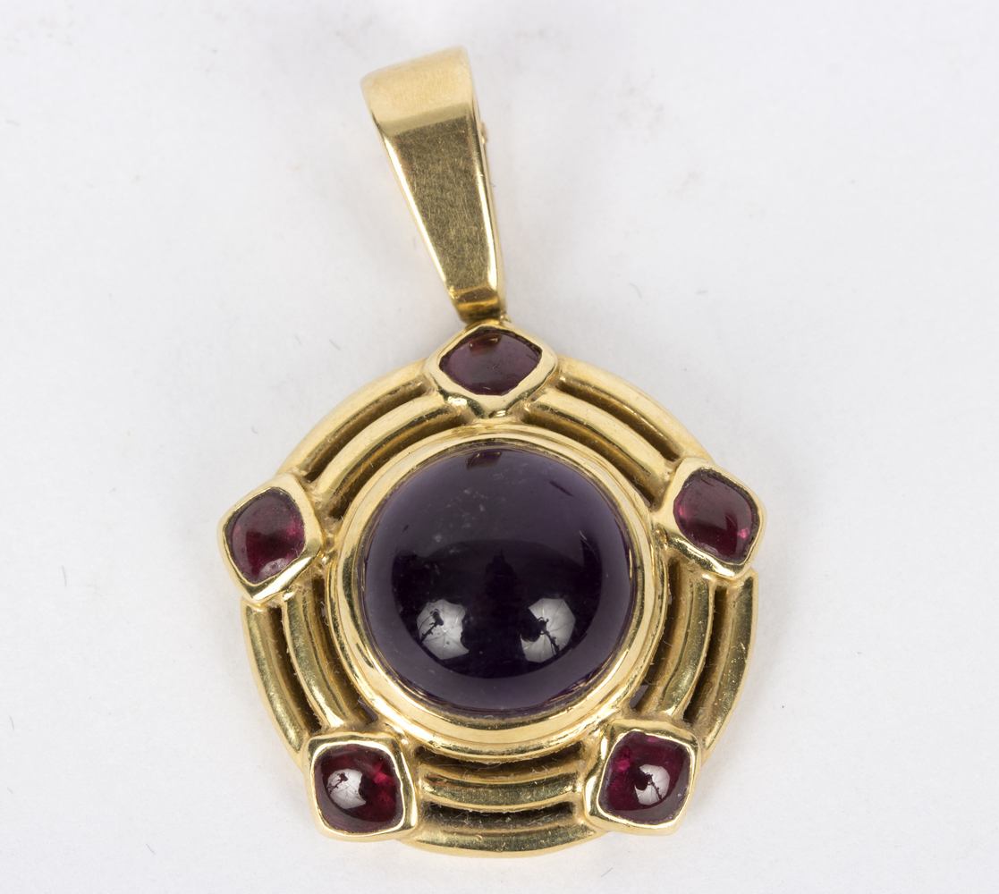 A sapphire and ruby pendant, K & T, circa 2001, set in 9ct gold, - Image 3 of 3
