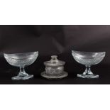 A pair of cut glass comports and a jar, cover and stand, 19th Century,