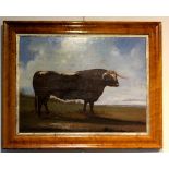 English Naive School/Longhorn Bull in a Landscape/oil on panel,