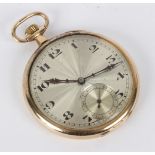 A 9ct gold open faced pocket watch with silvered dial and Arabic numerals