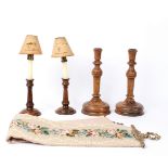 Two pairs of turned wood candlesticks and a needlework bell pull