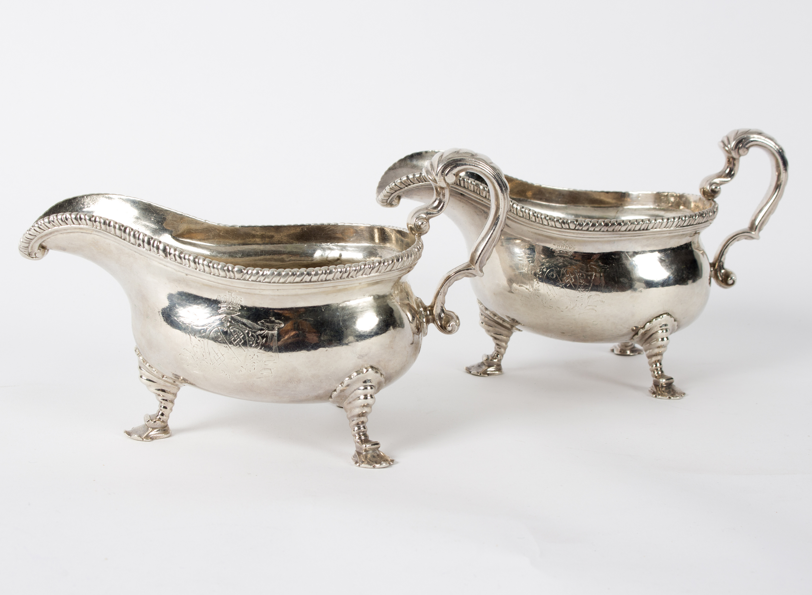 A pair of George II silver sauce boats, maker's mark rubbed, London 1754, each with gadrooned rim, - Image 2 of 10